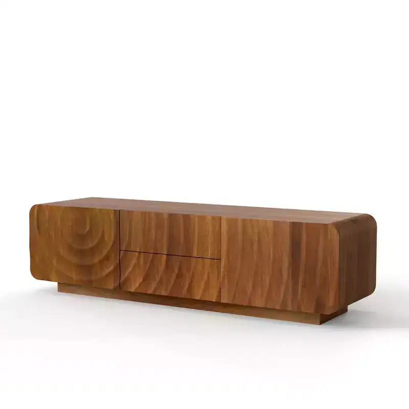 JVNOXK 58-calowa szafka RTV, spiralno-falisty design w stylu mid-century, z szafką z półką i dwiema szufladami, odpowiednia do salonu lub sypialni, kolor orzechowy