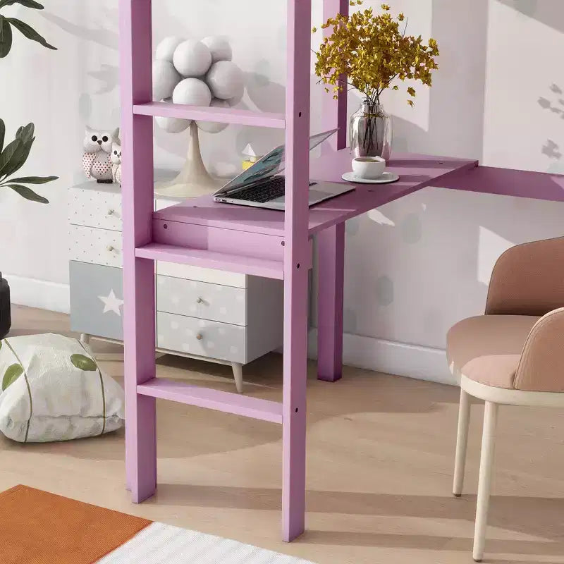 Łóżko na antresoli Okak Minimalism z drabinką, pojedyncze łóżko na antresoli z drewna kauczukowego z barierką ochronną i wbudowanym biurkiem, ramy łóżek dla dzieci i młodzieży