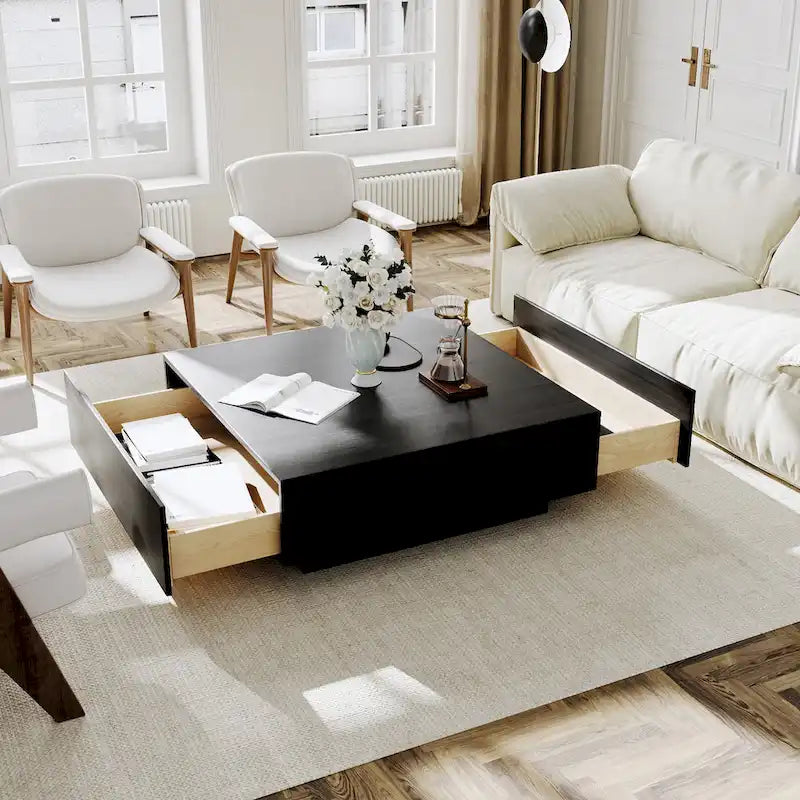 Stolik kawowy w stylu Mid-Century ModernMinimalistyczny stolik kawowy z forniru z miejscem do przechowywania do salonu, w pełni zmontowany