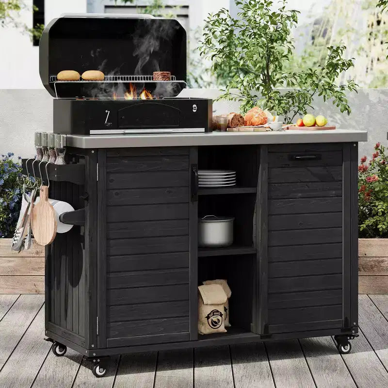 Wyspa kuchenna do użytku zewnętrznego ze składanym stolikiem bocznym, wózek na grill na zewnątrz ze stalową blatem, ukryta szafka na kosz na śmieci do ogrodu i na trawnik