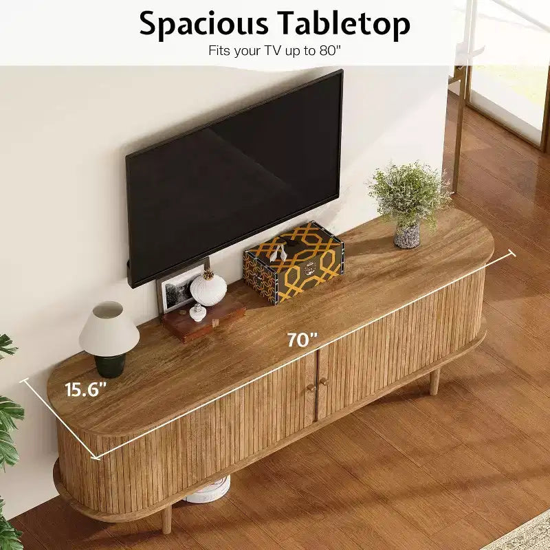 Szafka RTV AMERLIFE 70" z nogami z litego drewna, konsola pod telewizor w stylu mid-century modern z przesuwnymi drzwiami typu żaluzjowego