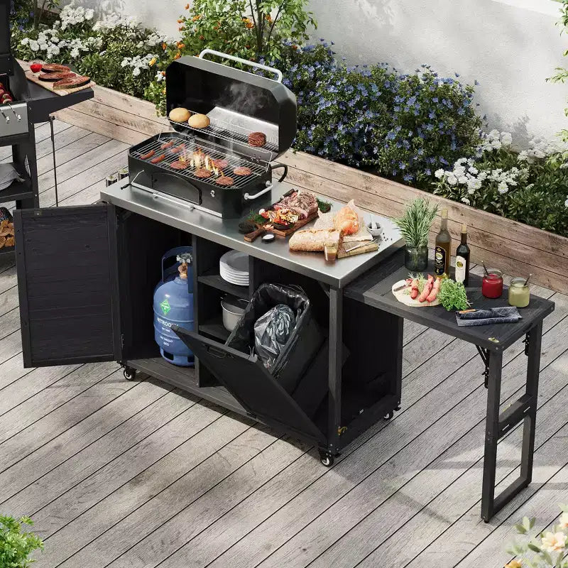 Wyspa kuchenna do użytku zewnętrznego ze składanym stolikiem bocznym, wózek na grill na zewnątrz ze stalową blatem, ukryta szafka na kosz na śmieci do ogrodu i na trawnik