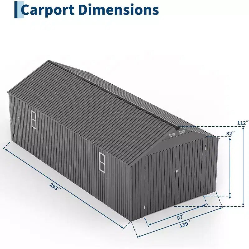 12x25FT W pełni zamknięty metalowy carport z pionowym zadaszeniem i stalową ramą