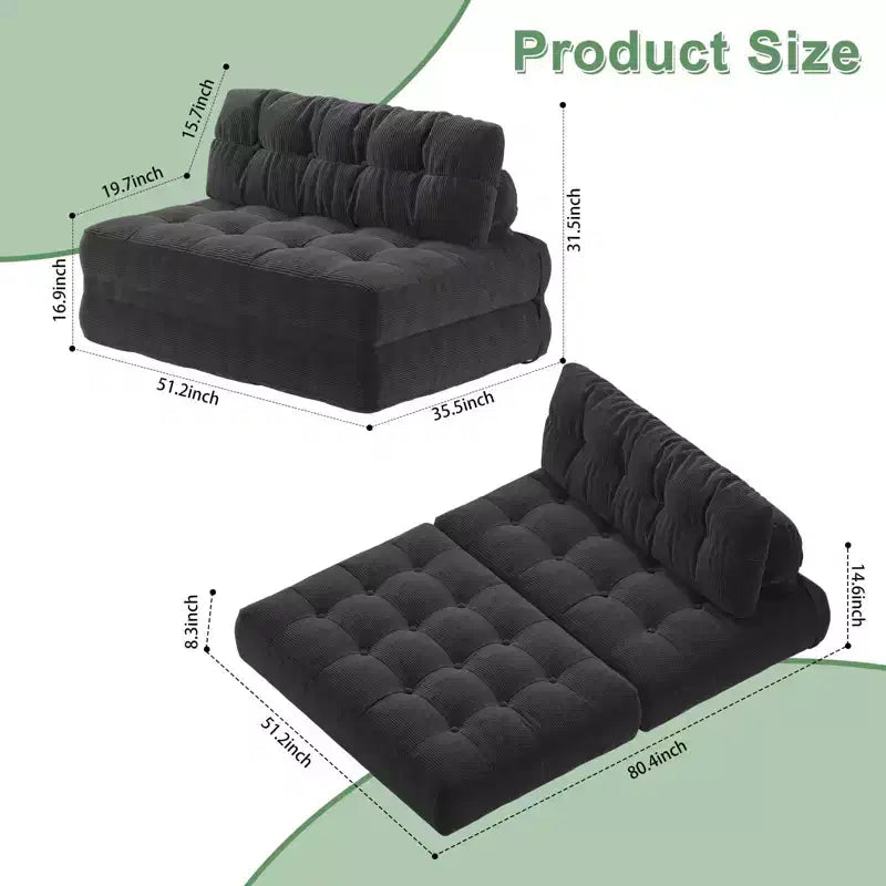 Rozkładana sofa futon z miękkiego sztruksu, składane łóżko podłogowe z poduszką i oparciem