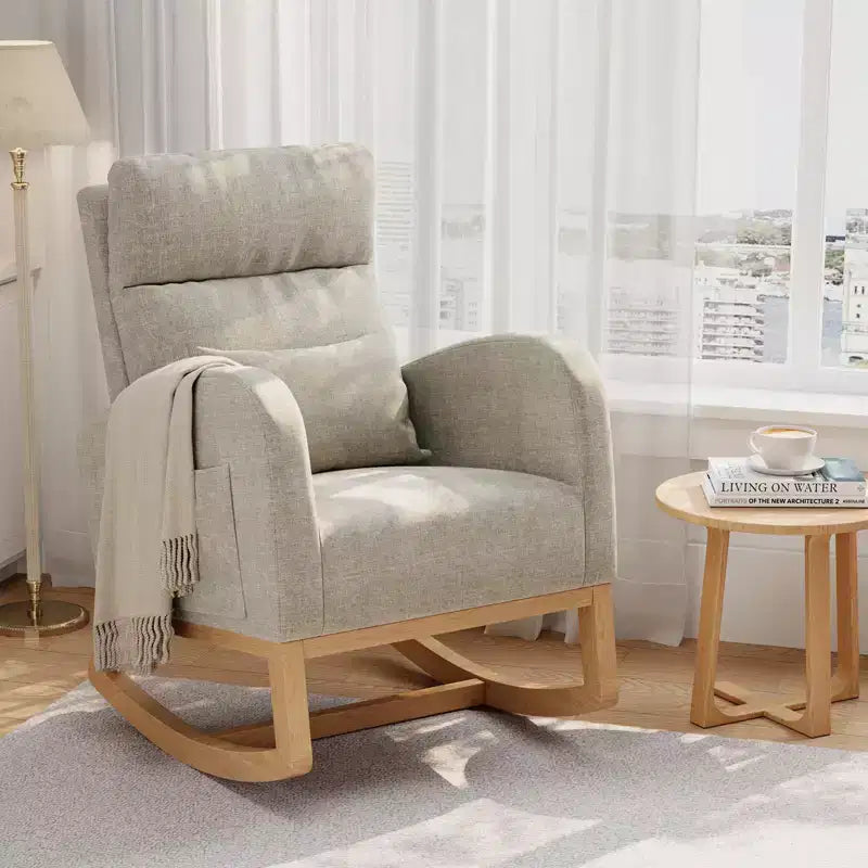Nowoczesny miękki fotel bujany z poduszką i kieszeniami bocznymi, do salonu, sypialni