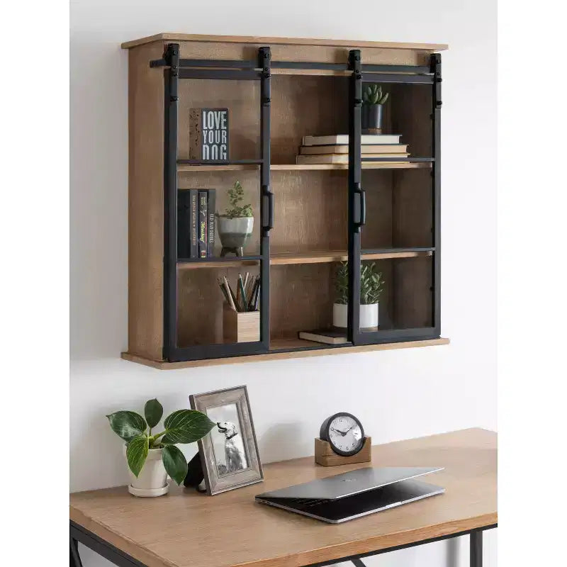 30 x 28 Drewniana ozdobna szafka ścienna Barnhardt z 2 przesuwanymi drzwiami szklanymi Rustykalny brąz - Kate & Laurel All Things Decor: Metalowa rama