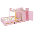 Nowoczesne łóżko piętrowe typu "full over full" z wbudowaną szafą i 7 szufladami na przechowywanie