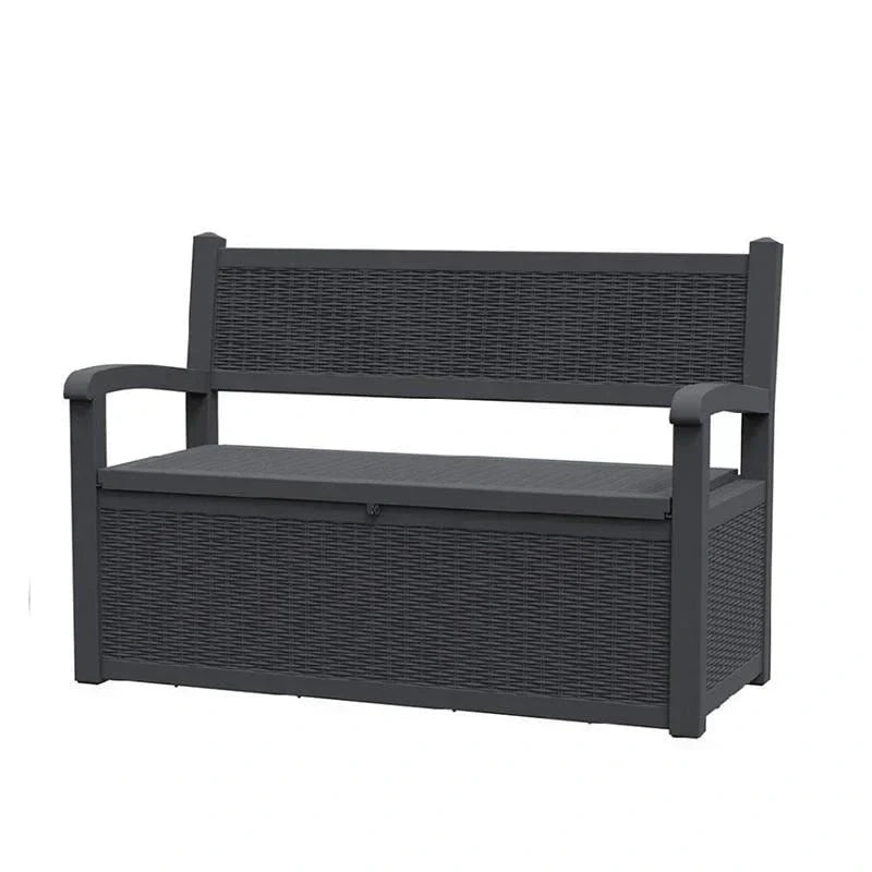Ławka ogrodowa z żywicy odporna na warunki atmosferyczne z zamykanym schowkiem – design imitujący rattan, udźwig 227 kg, pojemność 265 litrów