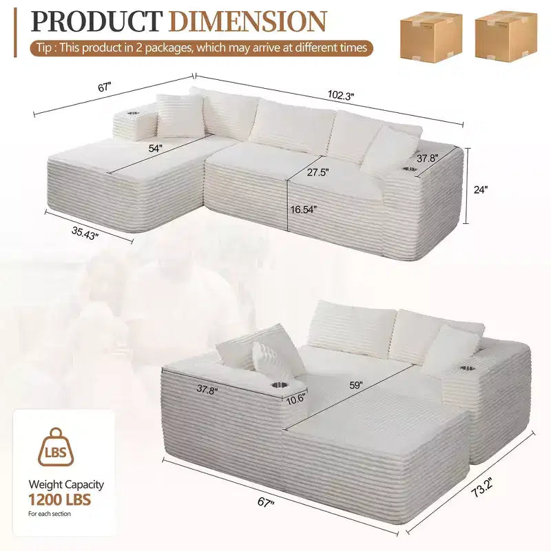 Modułowa sofa narożna Celebalcony 103 bez stelaża, narożnik w kształcie litery L z 2 uchwytami na kubki, miękka welurowa sofa niczym chmura do salonu, bez montażu