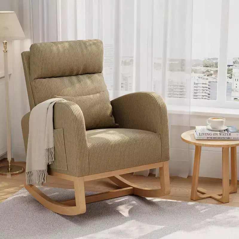 Nowoczesny miękki fotel bujany z poduszką i kieszeniami bocznymi, do salonu, sypialni