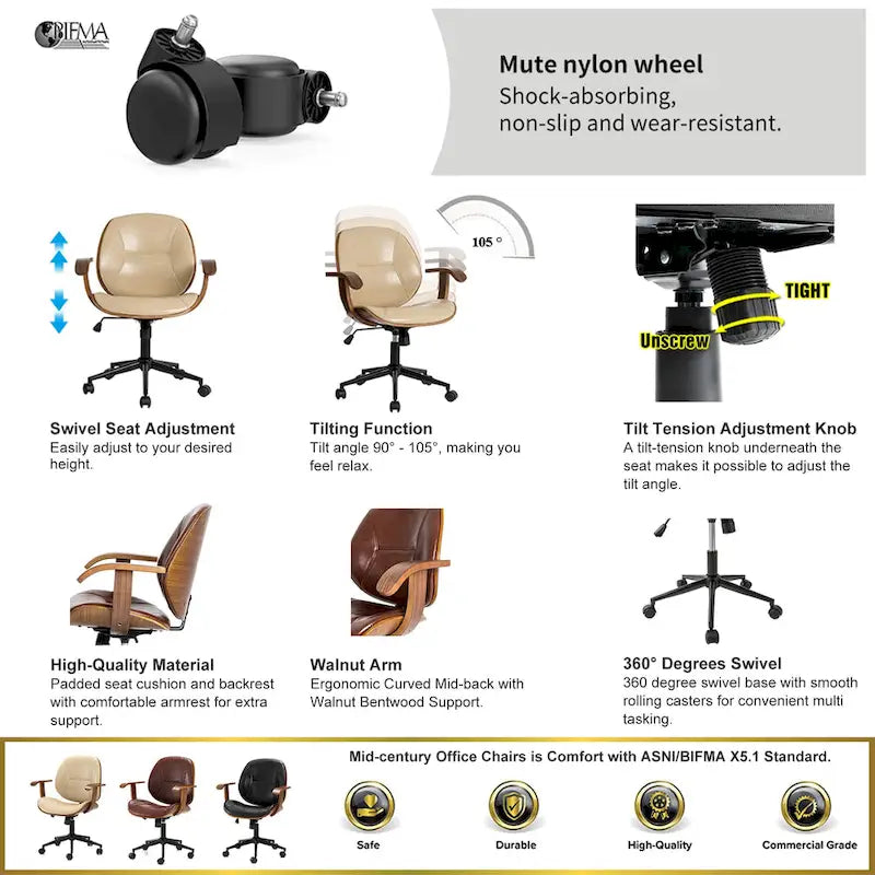 Glitzhome Skórzane Krzesło Biurowe Regulowane Obrotowe z Podłokietnikami Ergonomiczny Design