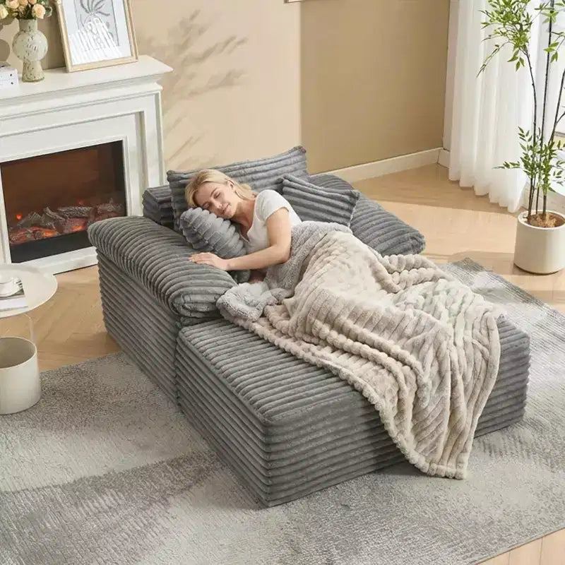 Duża sofa wypoczynkowa typu chaise longue, aksamitna sofa rozkładana z poduszkami i szerokimi podłokietnikami do salonu, sypialni i pokoju kinowego