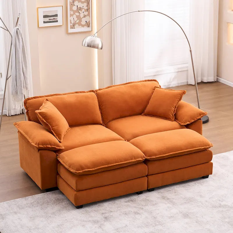 Sofa 2-osobowa z 2 siedziskami, 2 poduszkami i 2 pufami, wygodna sofa - Głęboka sofa do salonu, sofa modułowa