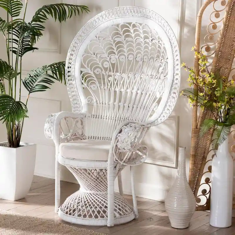 Krzesło pawie Kallima Modern Bohemian z naturalnego rattanu w kolorze białym