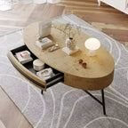 Owalny stolik kawowy z szufladą w stylu mid-century modern, drewniany stolik kawowy 47,2 z miejscem do przechowywania i metalowymi nogami w kształcie litery X, zaokrąglony design