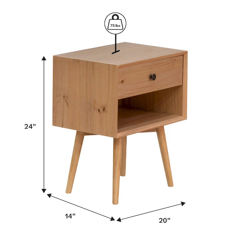 Zestaw 2 stolików nocnych z litego drewna w stylu mid-century, z 1 szufladą, sypialniane stoliki boczne