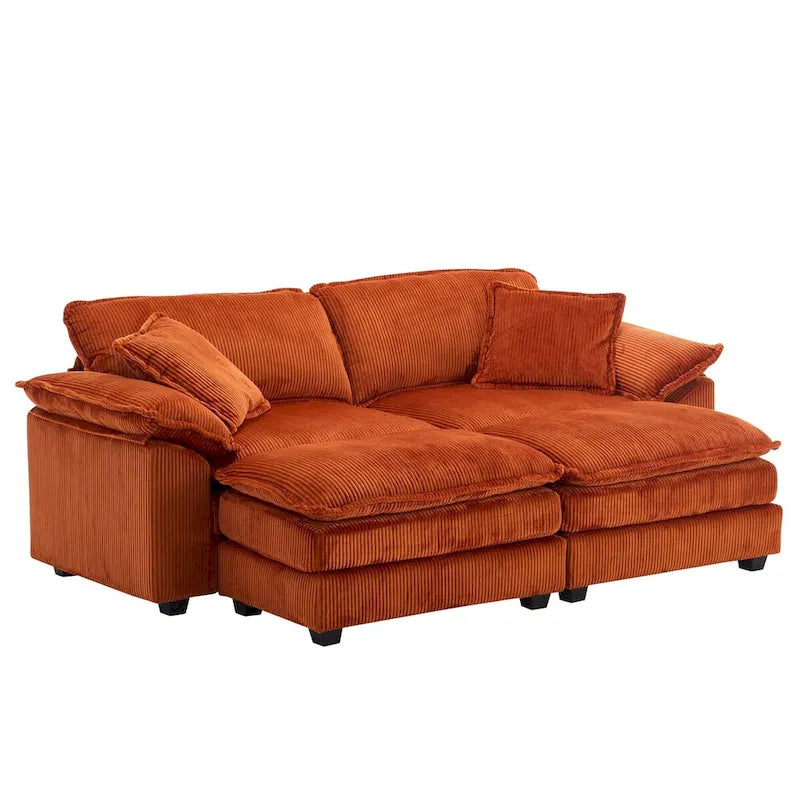 Nowoczesna 2-osobowa sofa sztruksowa z 4 poduszkami i 2 pufami