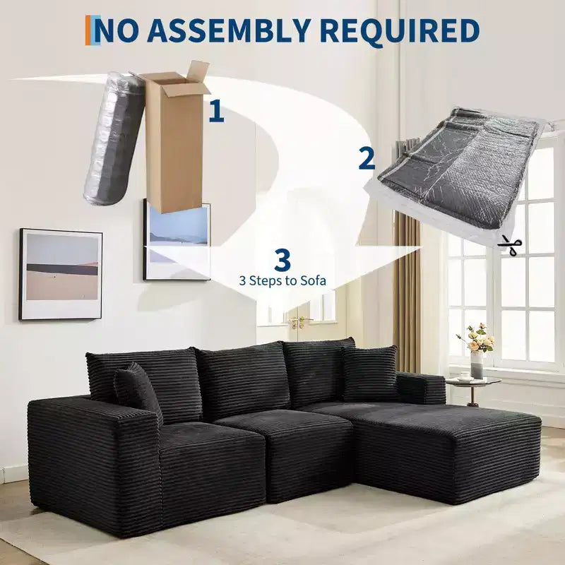 108 Nowoczesna sofa, 3-osobowa sofa tapicerowana w kształcie litery L z poduszkami, sofa z głębokim siedziskiem, bez konieczności montażu