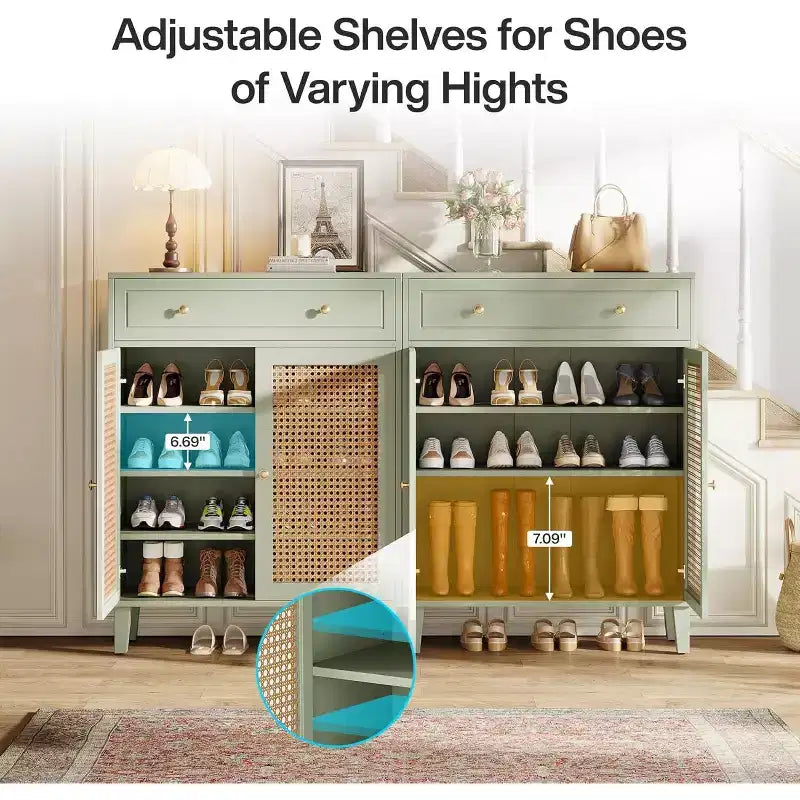 Lantine 6-poziomowa nowoczesna szafka na buty w stylu boho z drzwiczkami, szufladą i regulowanym półką. Rattanowy design, miętowa zieleń. Idealna do przedpokoju, salonu.
