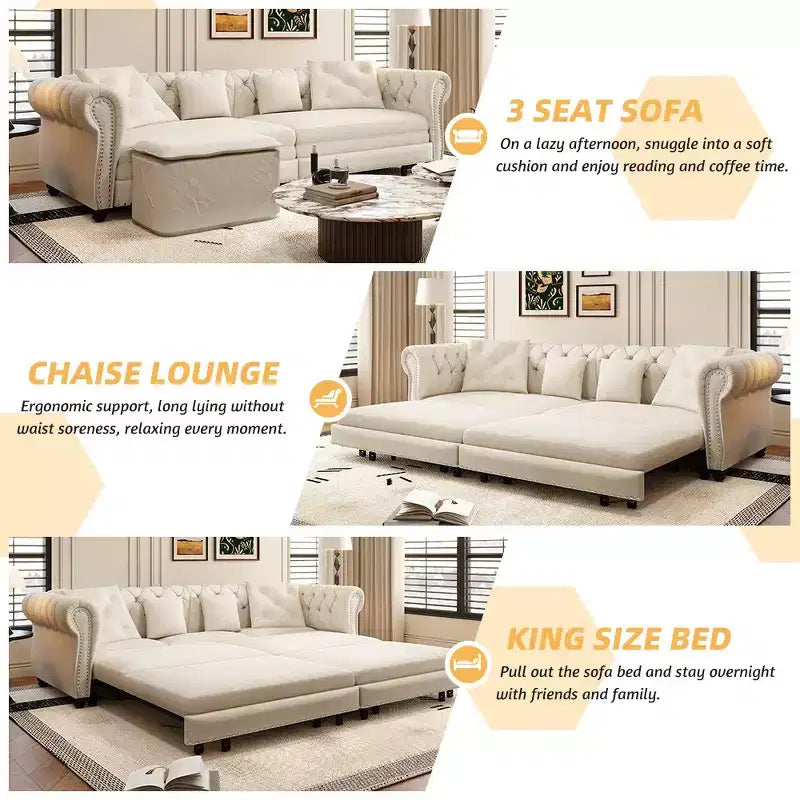 Rozkładana sofa 3 w 1 Whisen Velvet typu king-size z ruchomym podnóżkiem i pikowanym wzorem