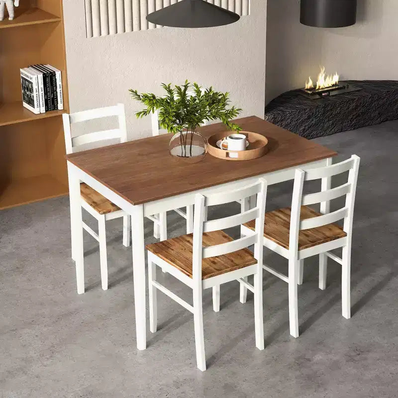 Costway 5-częściowy zestaw do jadalni, meble kuchenne z litego drewna z prostokątnym stołem i 4 krzesłami, naturalny/kawiowy/szary