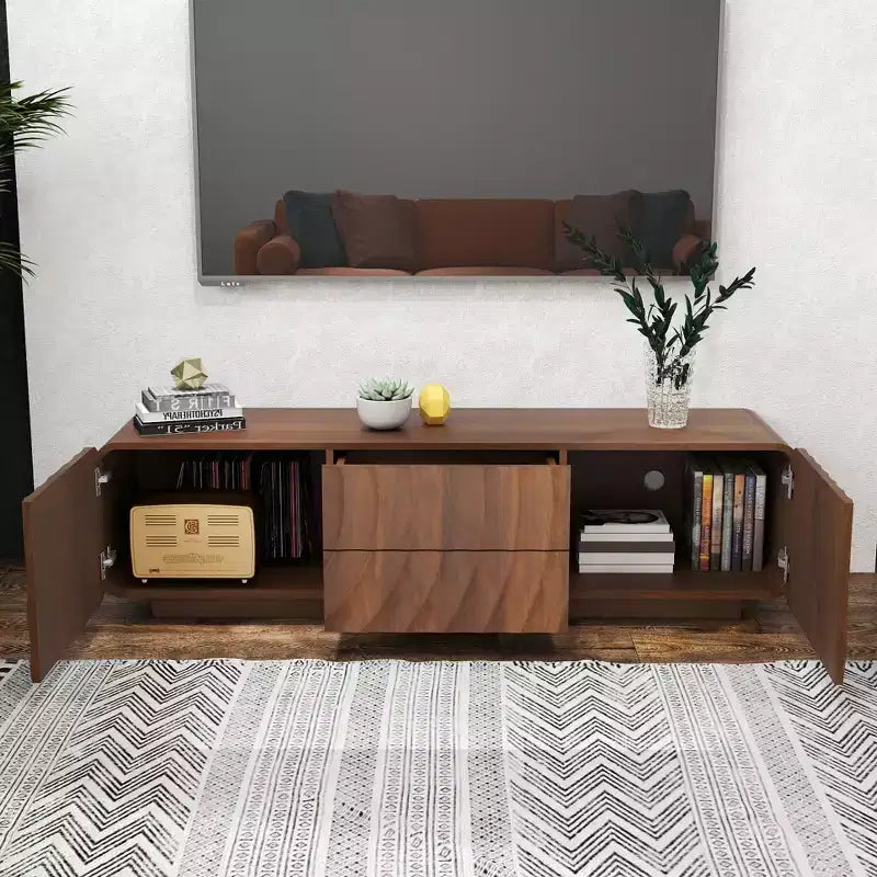 JVNOXK 58-calowa szafka RTV, spiralno-falisty design w stylu mid-century, z szafką z półką i dwiema szufladami, odpowiednia do salonu lub sypialni, kolor orzechowy