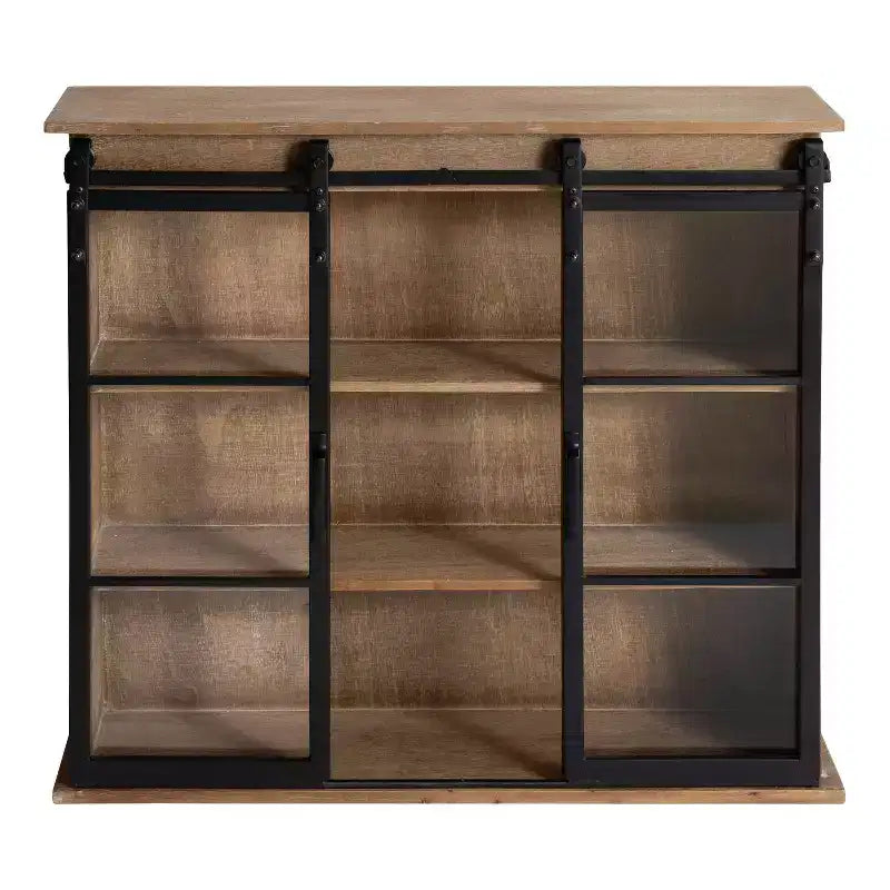 30 x 28 Drewniana ozdobna szafka ścienna Barnhardt z 2 przesuwanymi drzwiami szklanymi Rustykalny brąz - Kate & Laurel All Things Decor: Metalowa rama