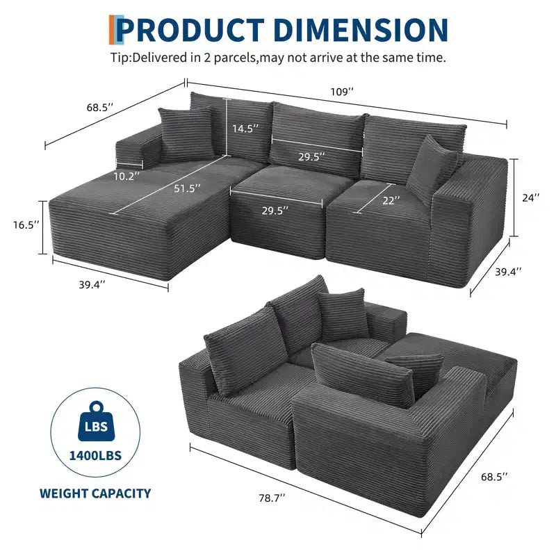 108 Nowoczesna sofa, 3-osobowa sofa tapicerowana w kształcie litery L z poduszkami, sofa z głębokim siedziskiem, bez konieczności montażu