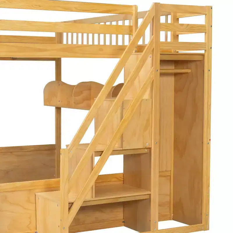 Rama łóżka antresoli Queen z schodami, szafą i półkami do przechowywania – MDF, 650 lb