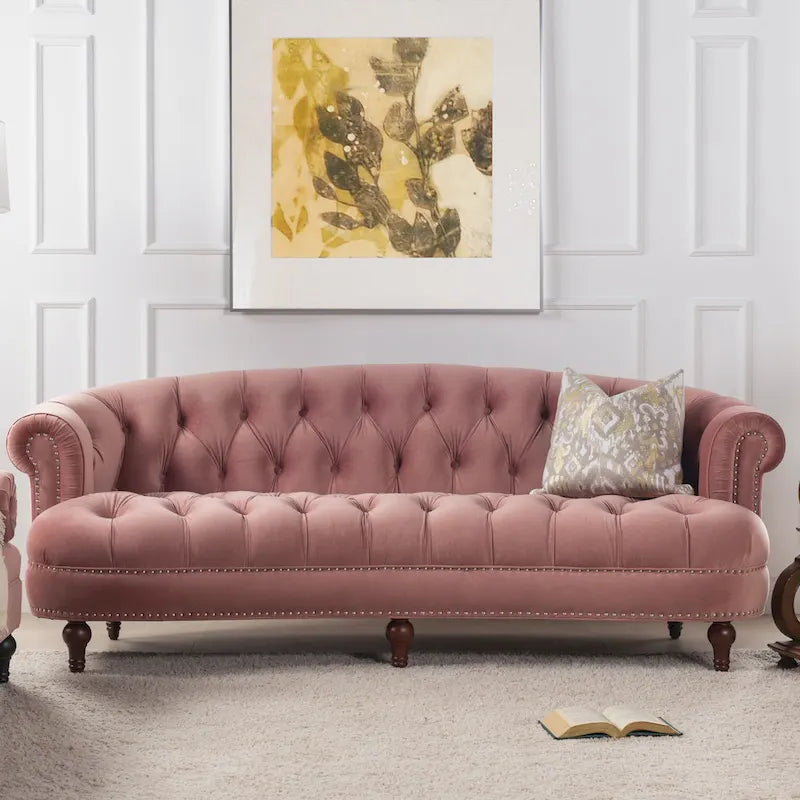 Sofa Chesterfield La Rosa 84 w stylu Mid-Century Modern, tapicerowana aksamitem i przeszywana głęboko