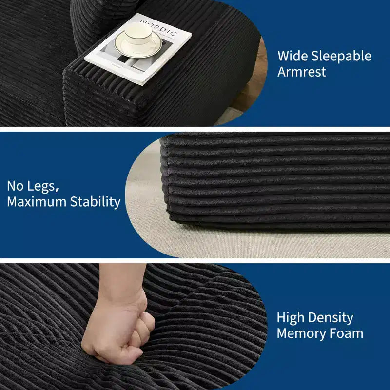 108 Nowoczesna sofa, 3-osobowa sofa tapicerowana w kształcie litery L z poduszkami, sofa z głębokim siedziskiem, bez konieczności montażu
