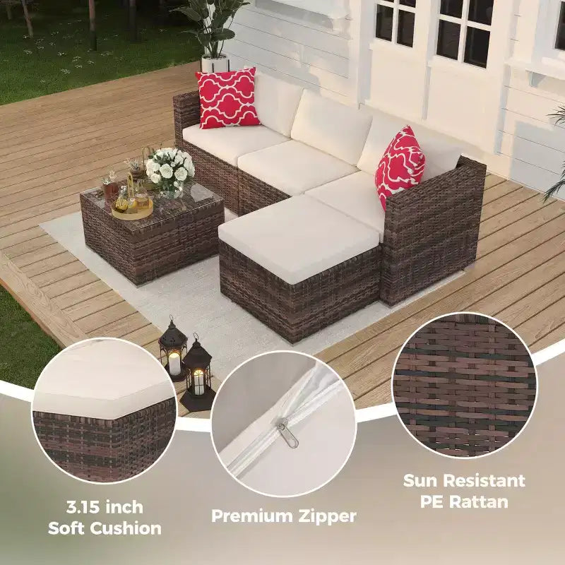 5-częściowy zestaw mebli ogrodowych, modułowa sofa z technorattanu odporna na warunki atmosferyczne z poduszkami antypoślizgowymi, rattanowy zestaw mebli ogrodowych z sofą i otomantą