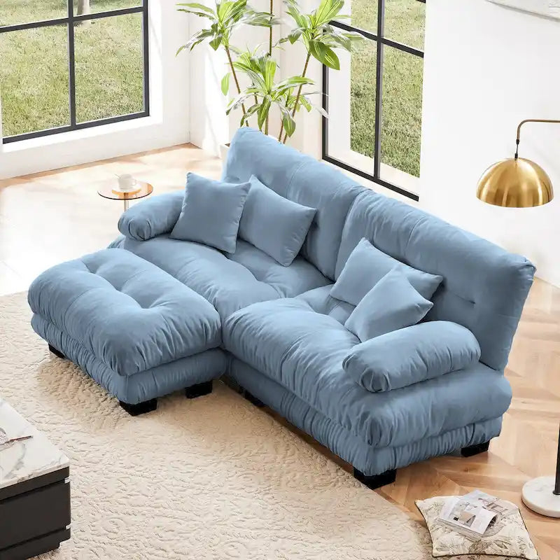 Narożna sofa dwuosobowa typu szezlong, szezlong szezlongowy z szenili z poduszkami lędźwiowymi