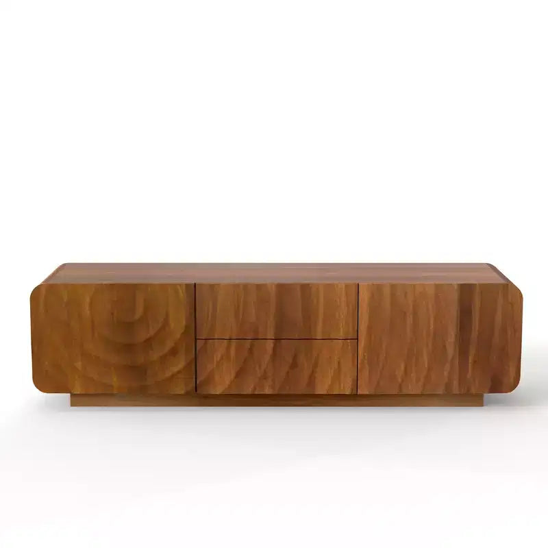 JVNOXK 58-calowa szafka RTV, spiralno-falisty design w stylu mid-century, z szafką z półką i dwiema szufladami, odpowiednia do salonu lub sypialni, kolor orzechowy