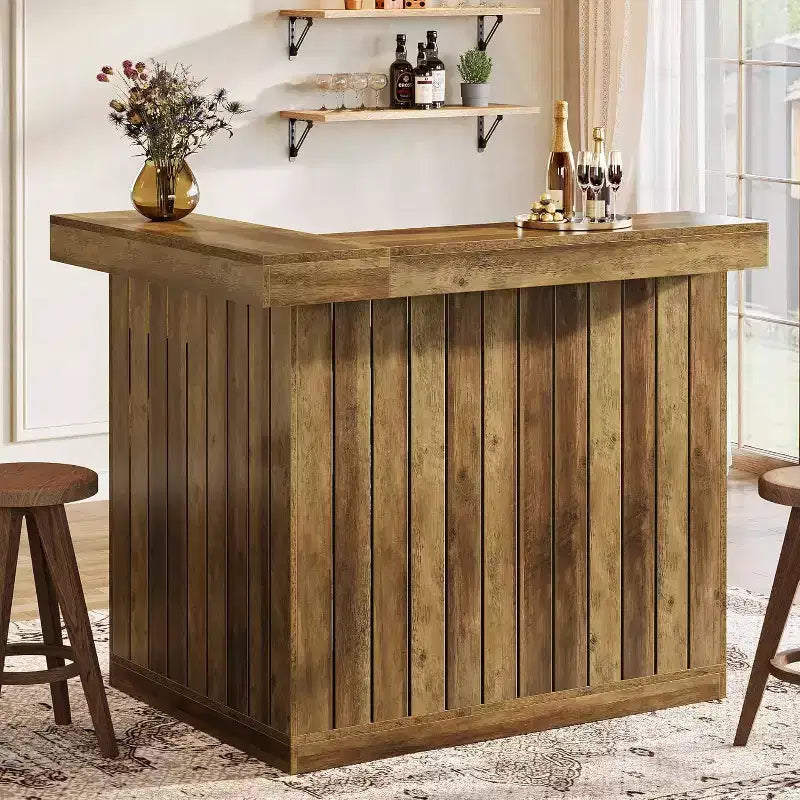 Narożny barek domowy Lantine w kształcie litery L, 4-poziomowy stolik barowy z półkami na alkohol i uchwytem na kieliszki do domowego pubu