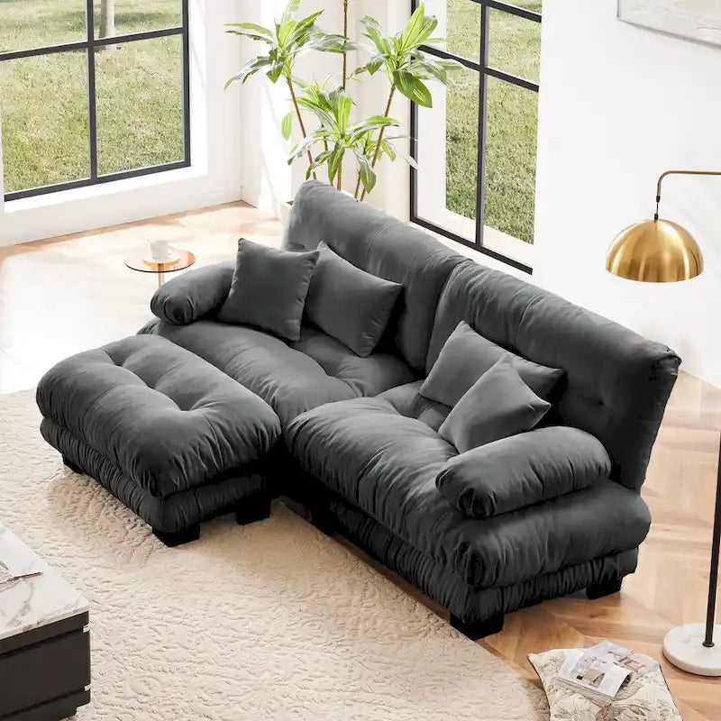 Narożna sofa dwuosobowa typu szezlong, szezlong szezlongowy z szenili z poduszkami lędźwiowymi