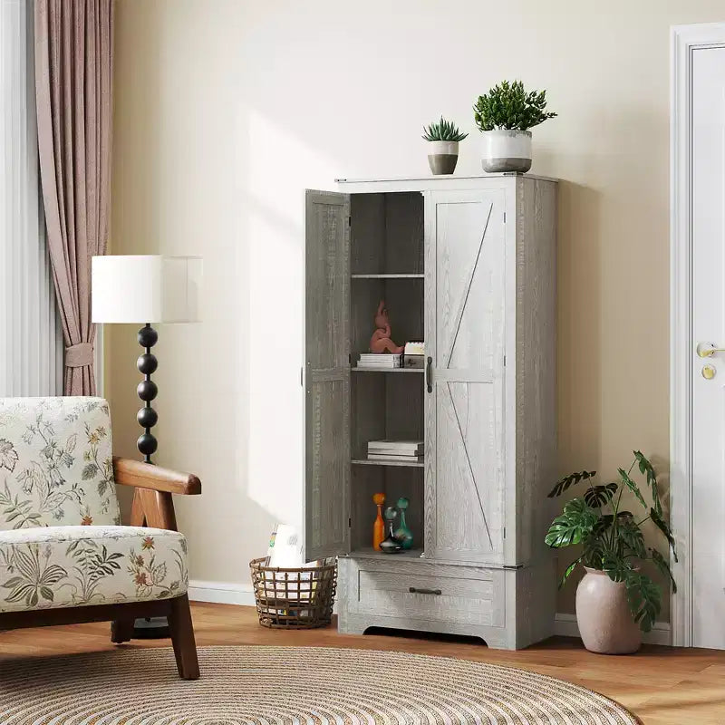 HOMCOM 72-calowa szafka kuchenna w stylu farmhouse z drzwiami przesuwnymi typu stodoła, wysoka szafka do przechowywania z regulowanymi półkami i szufladą