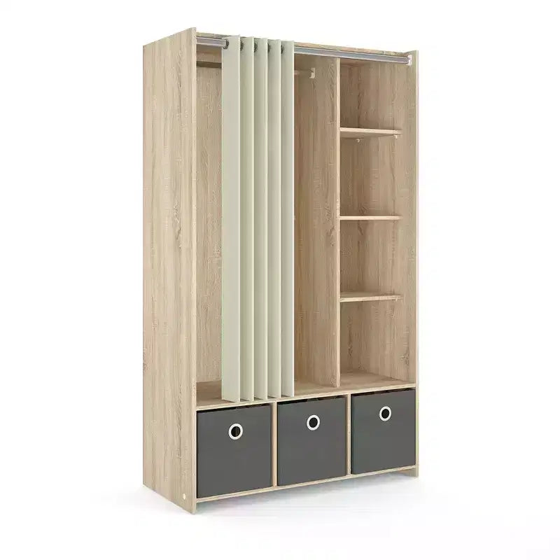 Tvilum, Szafa Lola 3-drzwiowa z zasłoną, konstrukcja w kolorze dębu / naturalna tkanina / szary materiał