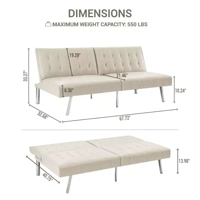 Tapicerowana sofa futon z rozkładanym oparciem, rozkładana sofa z chromowanymi nogami