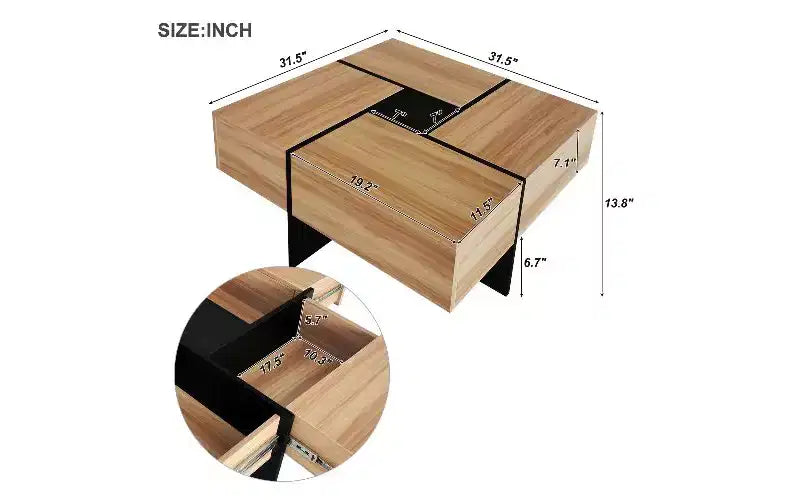 Rozkładany stolik kawowy z blatem typu puzzle i 4 ukrytymi schowkami
