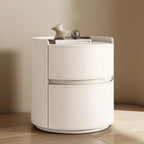 Nowoczesny okrągły stolik nocny z dwiema szufladami i skórzaną tacą