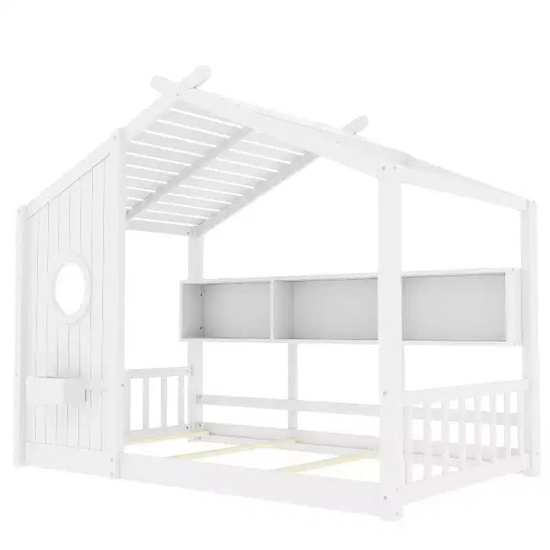 Łóżko dziecięce typu domek w rozmiarze Twin/Full, podłogowe łóżko Montessori z półką na przechowywanie - ModernLuxe