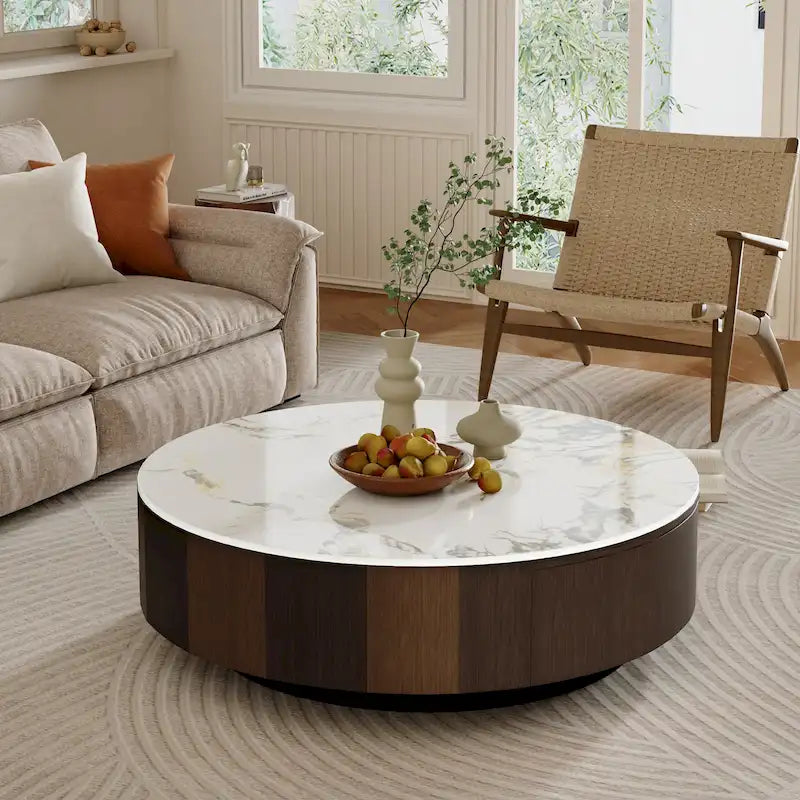 35 Nowoczesny okrągły stolik kawowy imitujący marmur, biały połyskliwy blat ze sproszkowanego kamienia, stolik w stylu mid-century z szufladą z litego drewna
