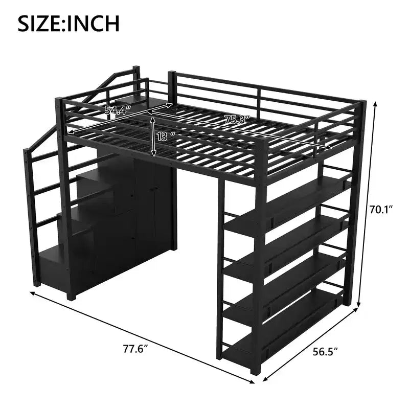Metalowe łóżko piętrowe queen size z półkami do przechowywania, szafkami i szafą garderobową