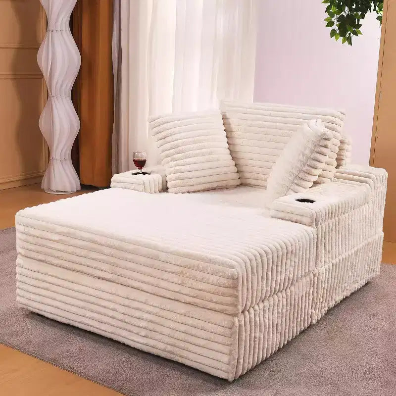 Ponadwymiarowy szezlong do wnętrz ze schowkiem w podnóżku, tapicerowana sofa z sztruksu, kanapa typu „chmura” z 3 poduszkami, jednoosobowa sofa do spania