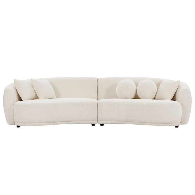 Głęboka, zakrzywiona sofa narożna, tkanina bouclé, 5 poduszek dekoracyjnych