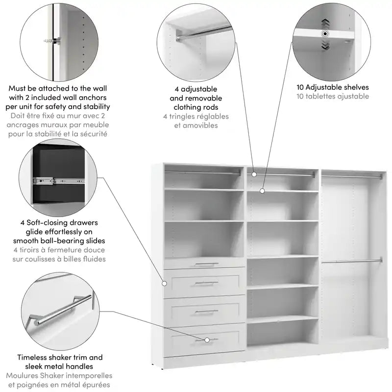 107 Modułowy system garderoby z drążkami, półkami i szufladami w stylu Shaker