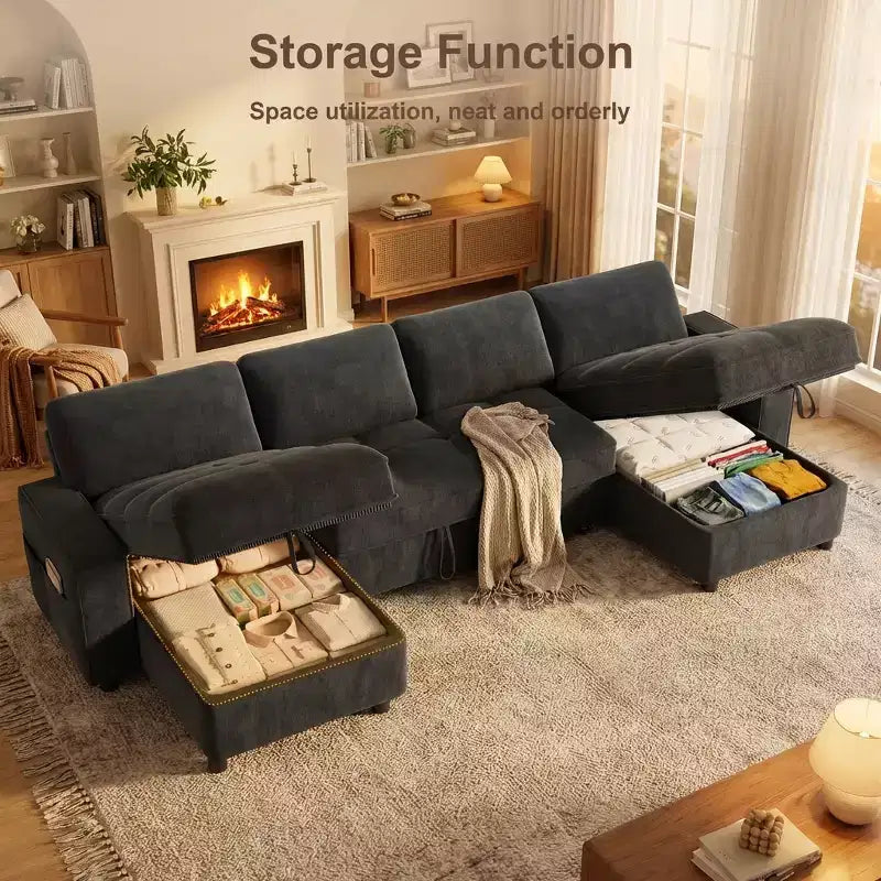 104 U-kształtna rozkładana sofa z funkcją spania i pojemnikiem na pościel