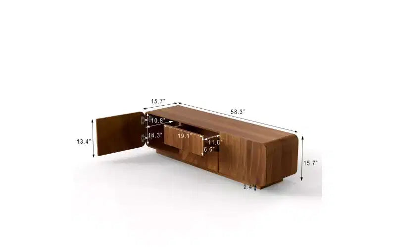 JVNOXK 58-calowa szafka RTV, spiralno-falisty design w stylu mid-century, z szafką z półką i dwiema szufladami, odpowiednia do salonu lub sypialni, kolor orzechowy