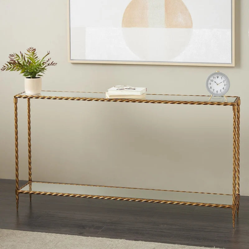 Konsola z jedną półką inspirowana metalową skręcaną liną z lustrzanym blatem i półką - Złota - Roche River Decor